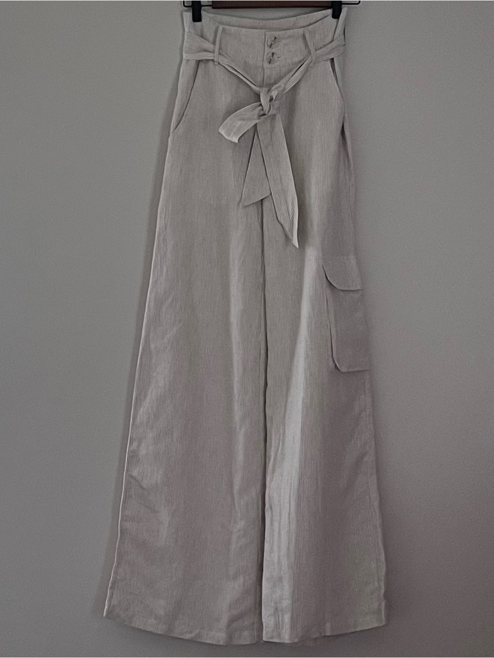 High-Waist Wide-Leg Linen Trouser Cargo Pants with Tie Belt Neutral Stripe S